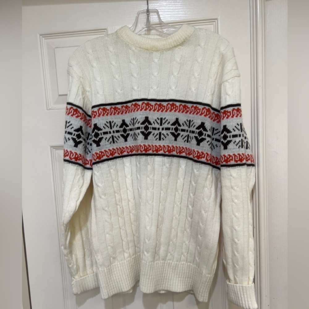 Vtg 60s 70s  Cream Fair Isle Cableknit‎ Mock-Neck Sweater Men's Sz XL